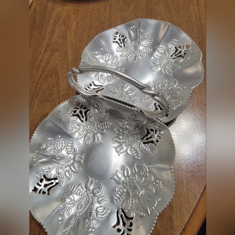 Mid Century Farber & Shlevin Hand Wrought Candy, Nut Twin Dish With Handle